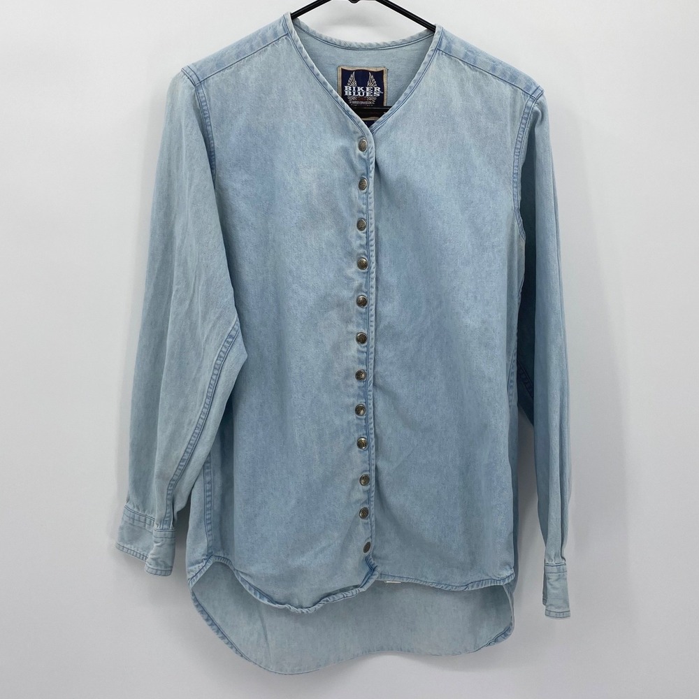 Harley Davidson Biker Blues Denim V Neck Button Up Shirt Womens Small Light Wash